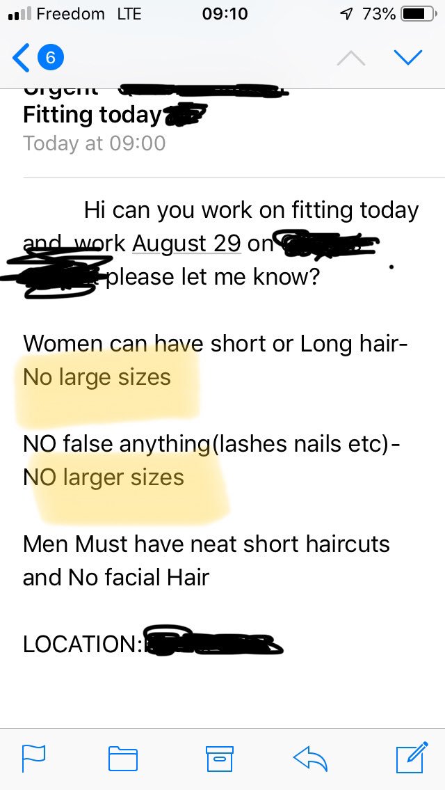 BackgroundLife6's tweet photo. I get that they need what they need, but this is still startling to read. Also, at 5’10”, and not starving, I’m pretty sure I’m a ‘larger size’ 😯🙄🤗 https://t.co/Qq4Ap1EP2Y
