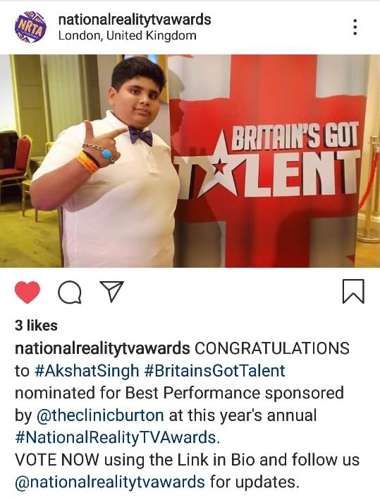 National Reality TV AWARDS show in London has nominated me from India for the best performance segment . It's gonna happen in London on 30th September need ur blessings . I'm also the first Indian in this award show.  Really happy 😍.   
@bgt @nationalrealitytvawards