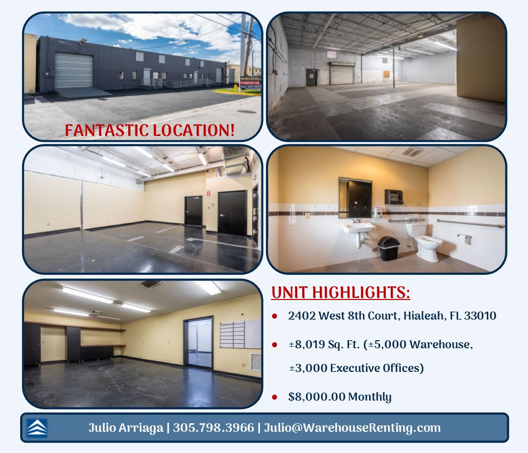 #Warehouse Available for Lease in #Hialeah, #Florida. Fantastic Location, +/-8,019 Sq. Ft. Total. Just off #OkeechobeeRoad and the #PalmettoExpressway (826). Contact us for more details, today!