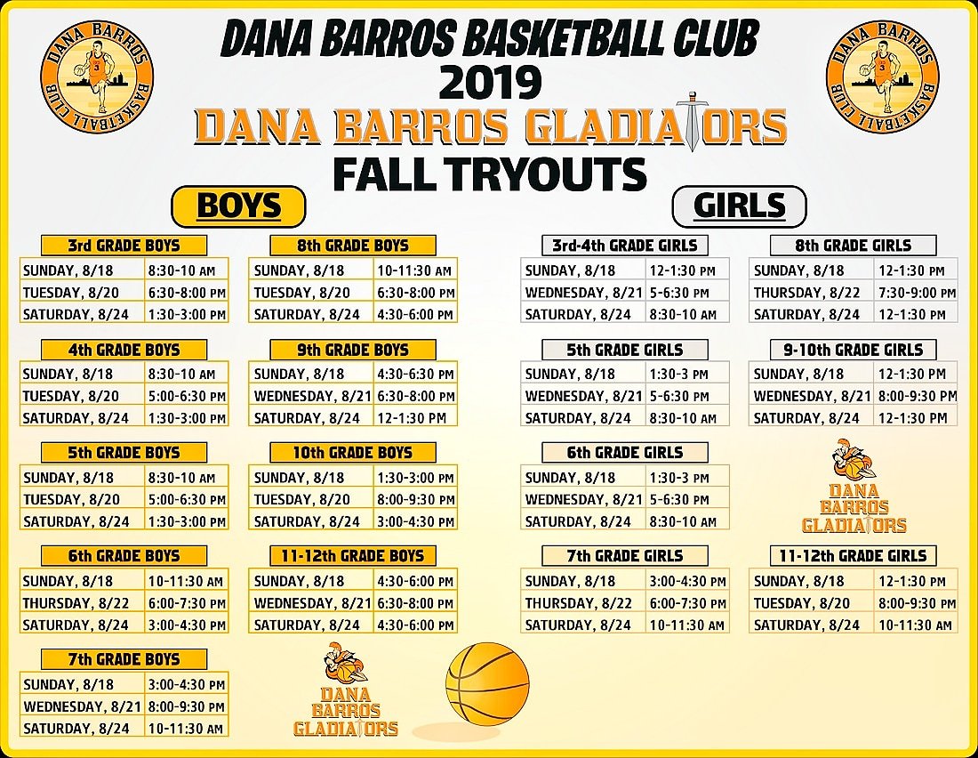 danabarrosbball's tweet photo. CORRECTED VERSION!!! Apologies for any confusion. FALL TRYOUTS Today-Saturday! Register now!  #DBGladiators #DBFallBall #6boysElite #6girlsElite https://t.co/DOKmeGx9aw https://t.co/ZrT90dPG35