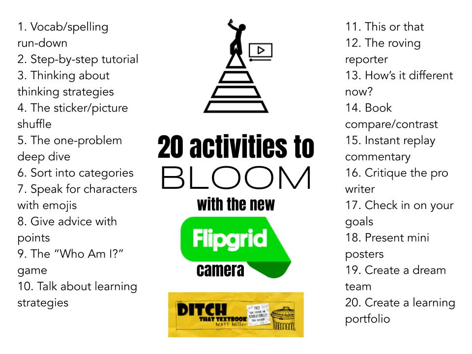jmattmiller's tweet image. What can you do with the new @Flipgrid camera? SO MUCH.

📷 The roving reporter
🏃‍♂️ Instant replay commentary
✍️ Critique the pro writer
❓ The "Who Am I?" game
🧮 The one-problem deep dive

ditchthattextbook.com/2019/08/21/20-… #DitchBook #flipgridfever #edtech