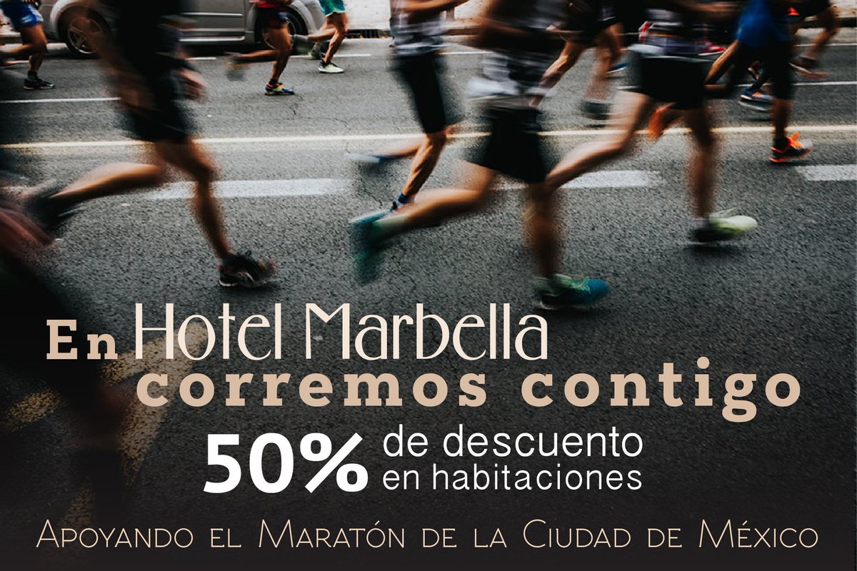 Hotel Marbella se une al <a href="/MaratonCDMX/">Maratón de la Ciudad de México Telcel</a>  con un 50% de descuento en cualquiera de sus
 habitaciones.
✅ Promoción válida del viernes 23 al lunes 26 de agosto de 2019, reservando vía telefónica 55 52648016, 55 52647620, vía WhatsApp 5534967123 o reservaciones@hotelmarbellamexico.com