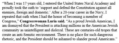 ElaineLuria's tweet image. My full statement in response to the President's comments that American Jews who vote for Democrats “[show] either a total lack of knowledge or great disloyalty.”