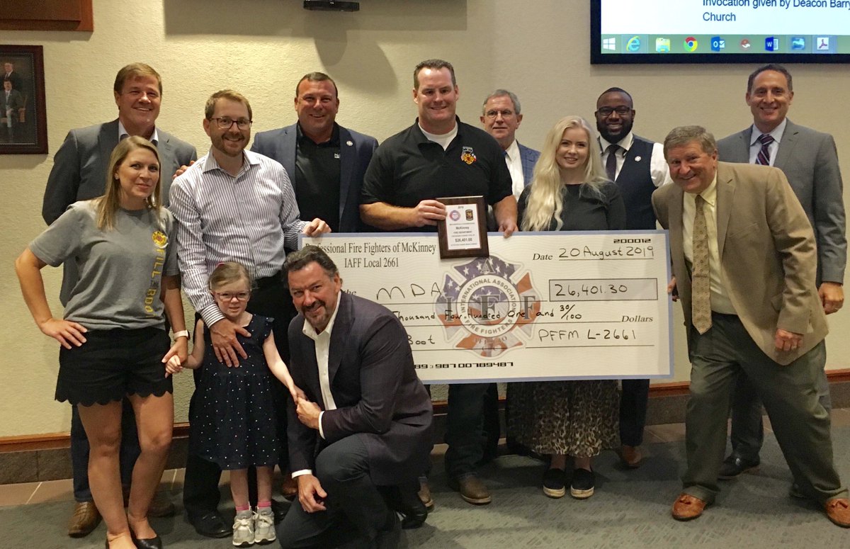 McKinney Boot Buddy Kennedy presents a check to MDA last night. It is the money McKinney Firefighters raised during the 2019 Fill the Boot Campaign!   Way to go McKinney...$26,401.30!! #mda #filltheboot