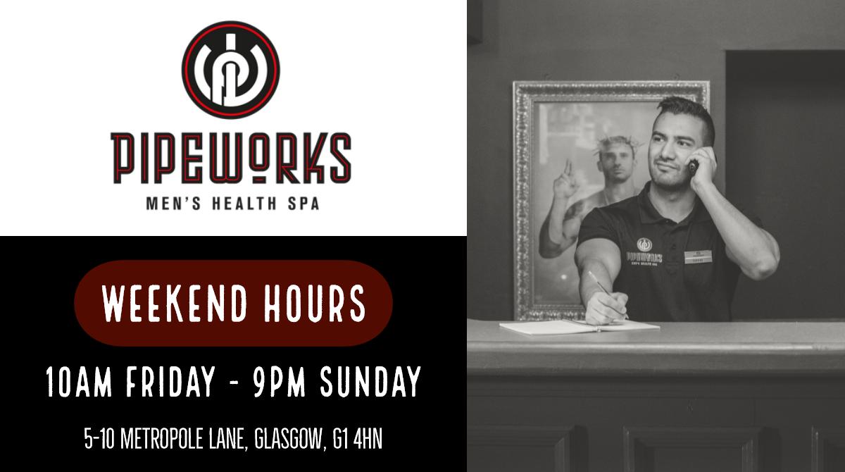 PipeworksGLW's tweet photo. #ThePipeworksGlasgow #Pipeworks #GaySauna #HealthClub #AllMenSauna #Glasgow #Glasgay #HealthSpa #LGBTQ #Steamroom #Jacuzzi #placetobe #Relax #Enjoy #ThePipeworks1 #TheWeekendsHere #FriYAY #FridaySaturdaySunday #Funtime  #24Hours #AllNight #VisitUs #Saturday #Sunday #Friday https://t.co/FbXmgGA5jO