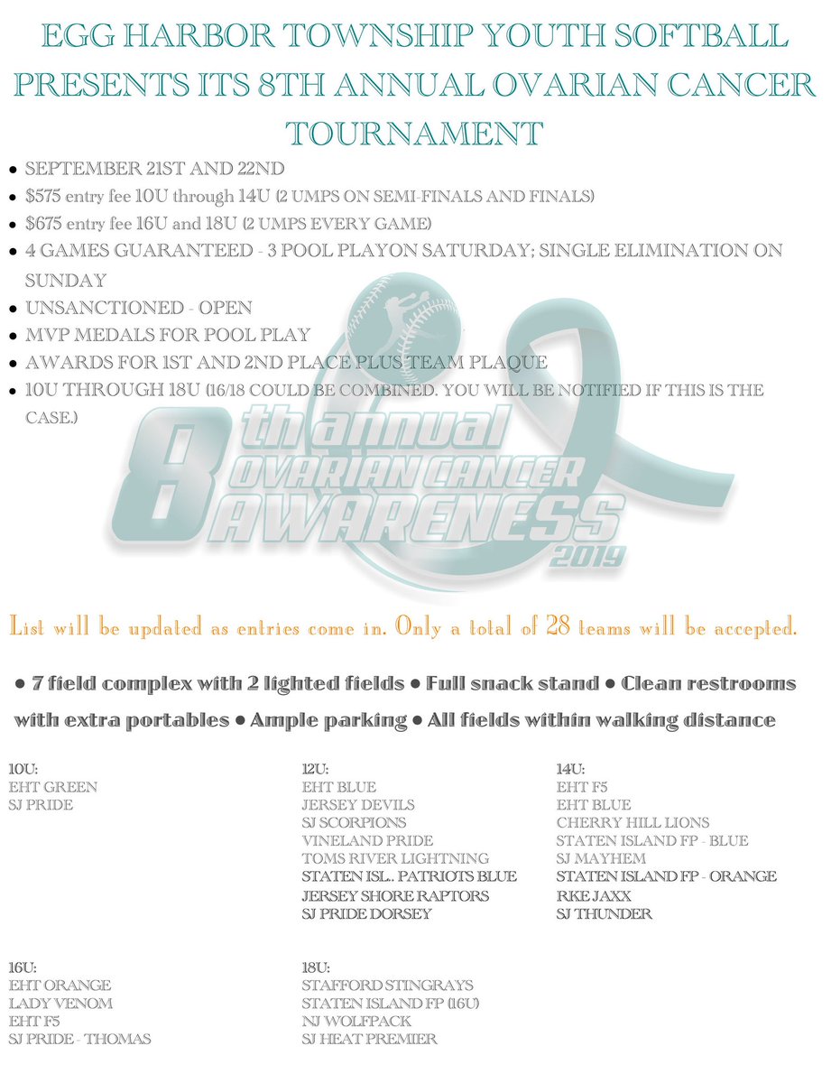 EHT Softball (@ehtsoftball) on Twitter photo 12U through 18U SOLD OUT for our 8th Annual Ovarian Cancer Awareness tournament! Still looking for 1 or 2 more 10U teams. 9/21-9/22. 🥎 Please contact ehtsoftball@aol.com with any questions. 12U through 18U SOLD OUT for our 8th Annual Ovarian Cancer Awareness tournament! Still looking for 1 or 2 more 10U teams. 9/21-9/22. 🥎 Please contact ehtsoftball@aol.com with any questions.