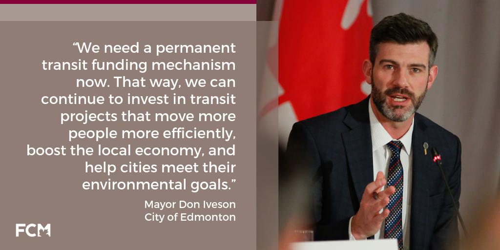 According to <a href="/DonIveson/">Don Iveson</a>, we need a permanent transit funding mechanism. Now. 
fcm.ca/en/focus-areas… #Election2019 #cdnmuni #cdnpoli #bettertransit