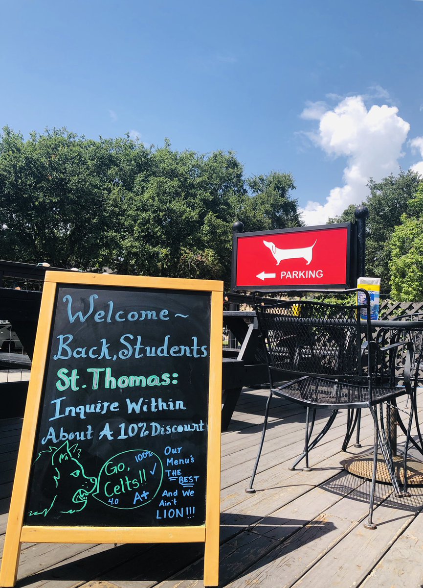 GoodDogHouston's tweet photo. Welcome back @stthomashouston 🦁🌭🦁🌭🦁🌭🦁🌭🦁
Did you know students, faculty, & staff get 10% OFF food & non alcoholic beverages!?
Plus, we’re right across the street on W. Alabama!
Ask about our daily specials!
.
.
#GoodDogHouston #usthouston #celtnation #montrosehouston https://t.co/HXC959zgXA