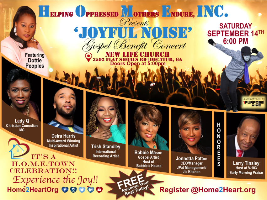 NewLifeDecatur's tweet photo. 'Joyful Noise' Gospel Benefit 
Helping Oppressed Mothers Endure, Inc. [@Home2HeartOrg] in partnership with New Life Church is hosting a FREE concert to benefit single mothers facing hardship! Come and "Experience the Joy" on Saturday, September 14th at 6p.m. (Doors open at 5p.m. https://t.co/t3bms9N2ul