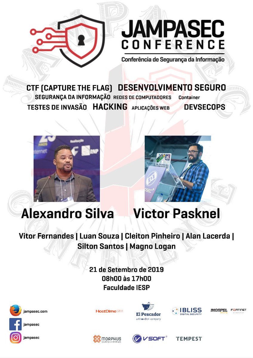 jampasec's tweet photo. Olha só que poster top o nosso designer oficial e profissional de segurança nas horas vagas @IcaroTorres preparou para gente! Temos dois keynotes de peso esse ano! @alexandrosilva da Bahia e o @pasknel do Ceará. Vai ficar de fora?! Se inscreve lá! Vem! 😁https://t.co/K7FHRAZAFj https://t.co/Ouu2xhgT4D