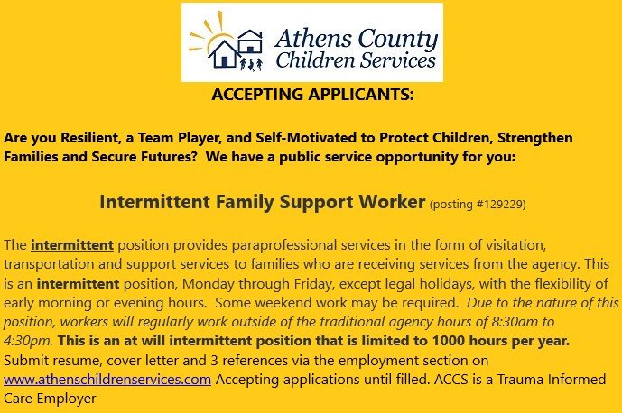 AthensCountyCS's tweet image. athenschildrenservices.com/pages/employme…

---------------JOIN THE TEAM----------------

#Ohio #families #support #Athensoh