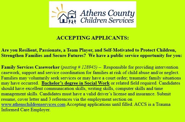 AthensCountyCS's tweet image. athenschildrenservices.com/pages/employme…

-----------------JOIN THE TEAM----------------

#Casework #Casemanagement #Athensoh #Ohio #Families