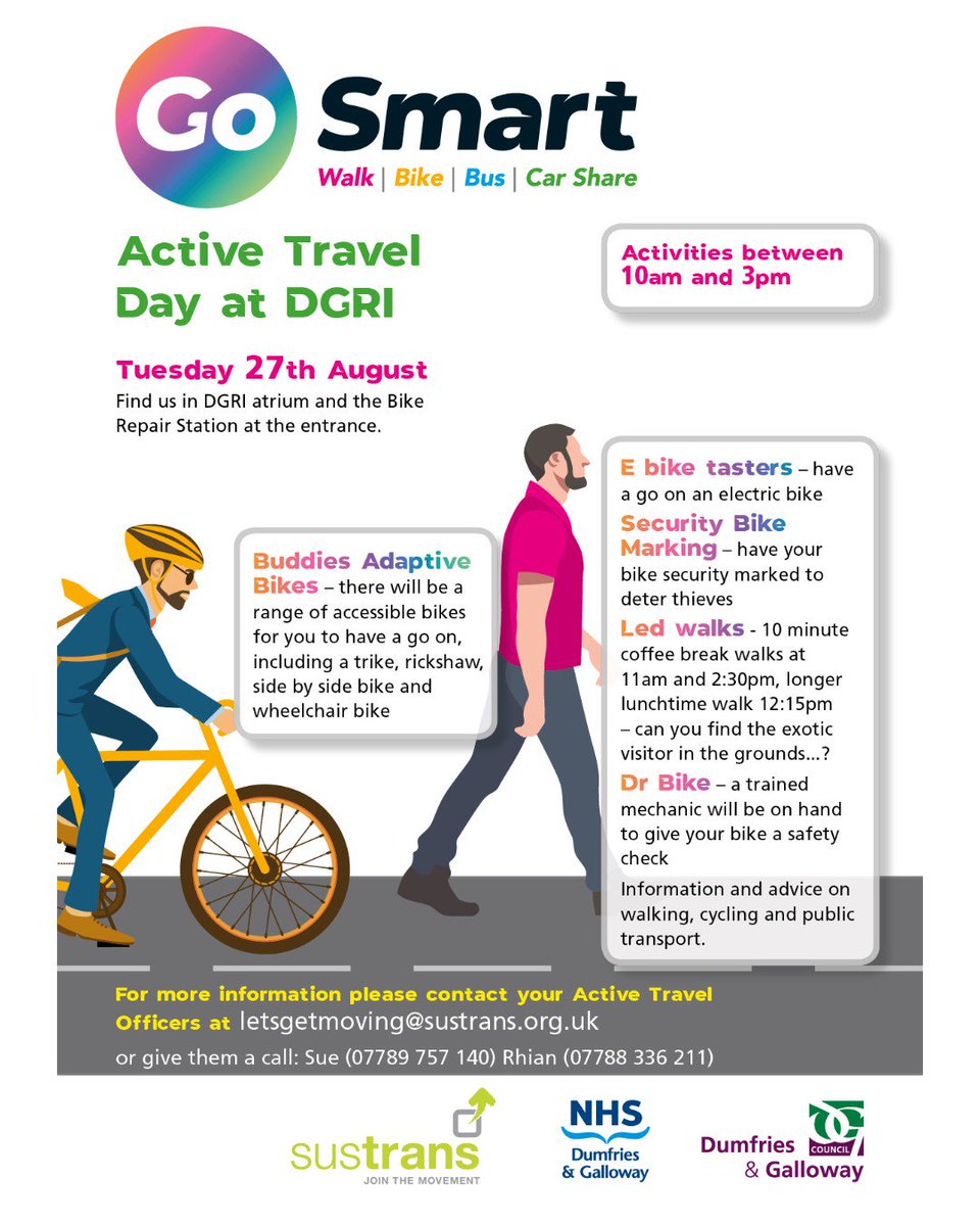 DGNHS's tweet image. #ActiveTravelDay takes place at #Dumfries and Galloway Royal Infirmary #DGRI #DrBike,  #ledwalks #bikesecurity marking. Buddies Dumfries will be there with a range of adaptive bikes, electric trikes, a rickshaw and more available for you to try! All events are free.