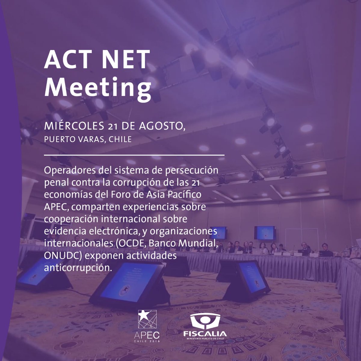 FiscaliadeChile's tweet photo. Hoy en #APECChile2019 en #PuertoVaras Grupo de Trabajo Anticorrupción y Transparencia de APEC #ACTWG, que preside @FiscaliadeChile, culmina ACT Net Meeting 👇 https://t.co/buuelcGHQS