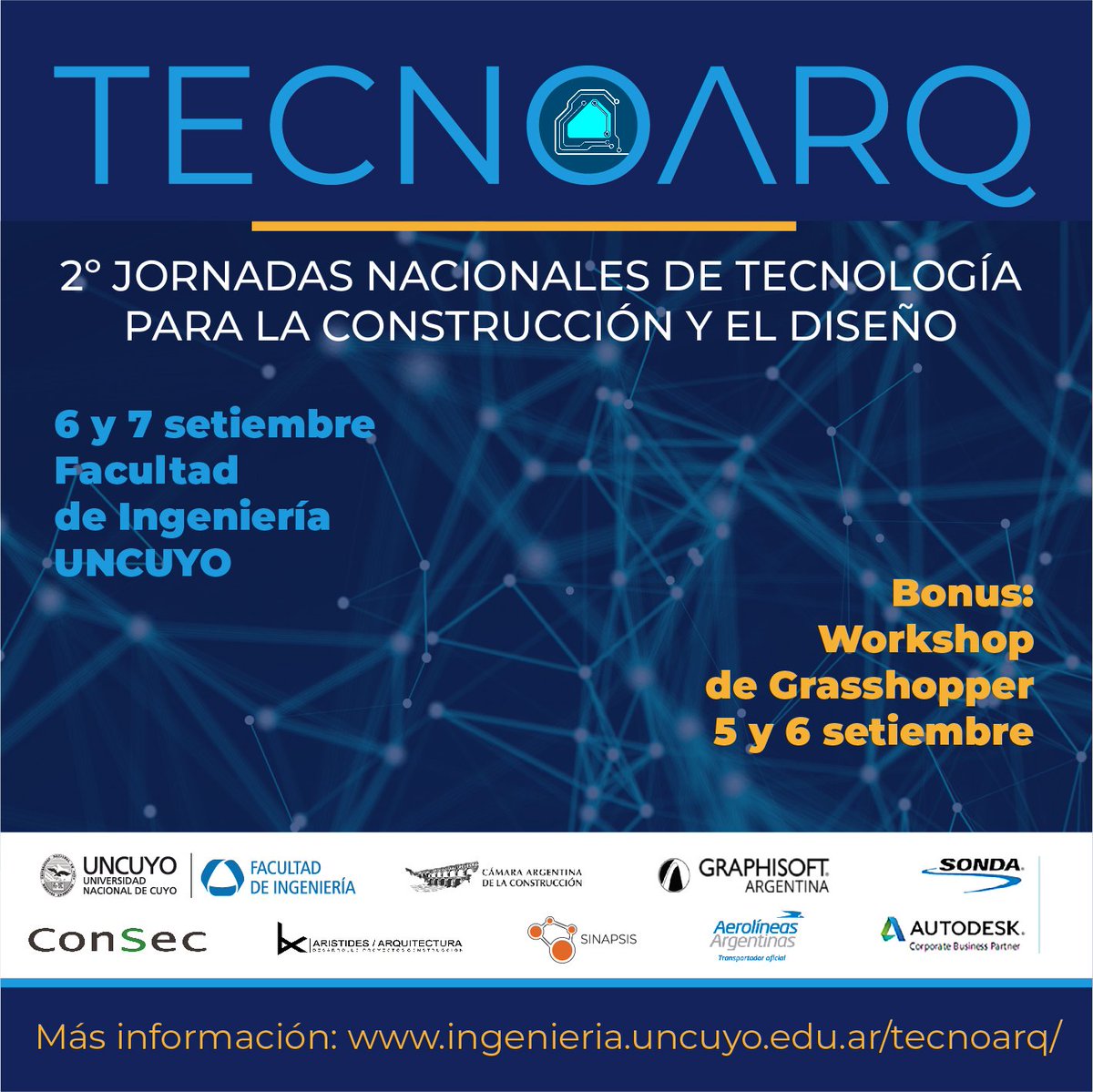 UNCUYO's tweet photo. 📍 #TecnoArq - 2ª jornadas de Tecnología para la Construcción y el Diseño
Destacados profesionales debatirán sobre nuevos conceptos y herramientas digitales, aplicadas a la construcción y el diseño
📆 6 y 7/9 en la Facultad de Ingeniería
Inscripción: https://t.co/i4U4VGXjYX https://t.co/aXMeZ9NtK4
