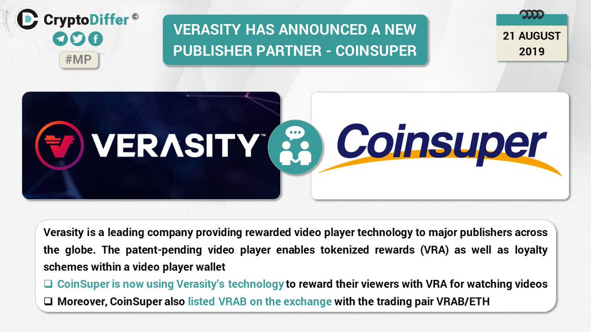 CryptoDiffer's tweet image. ❗️@VerasityTech has announced a new publisher partner - @CoinSuper_OFCL!

#CoinSuper is now using #Verasity's technology to reward their viewers with $VRA when watching videos.
Moreover, CoinSuper also listed $VRAB with the trading pair VRAB/ETH.

👉 medium.com/verasity/coins…