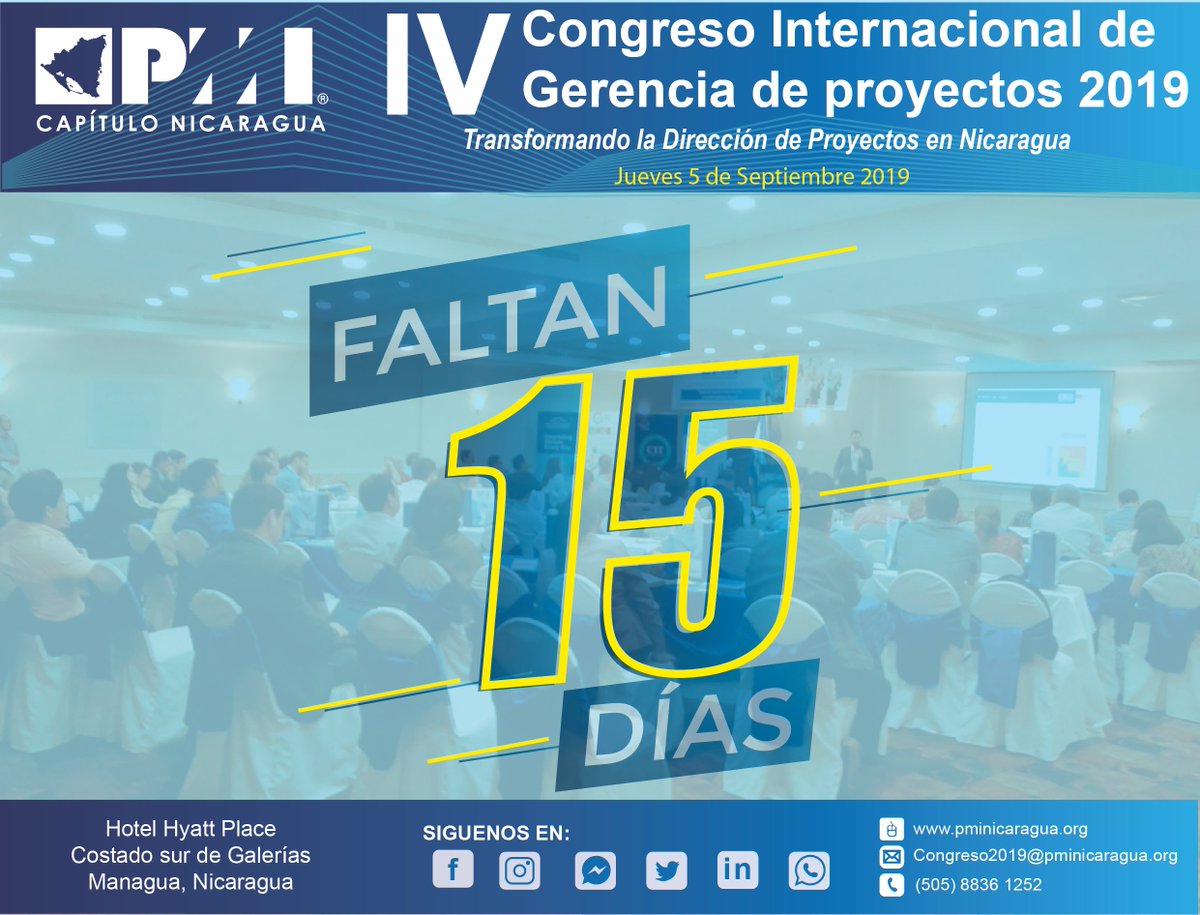 🔔🔔⏳Empieza la cuenta regresiva para el IV Congreso Internacional de Gerencia de Proyectos 2019: "Transformando la Dirección de Proyectos en #Nicaragua".

🔹Las entradas se están agotando.🔹🌟¡Cupo limitado! 🌟

Para mayor información únete al grupo 👉 chat.whatsapp.com/HLoaII3xpnAAac…