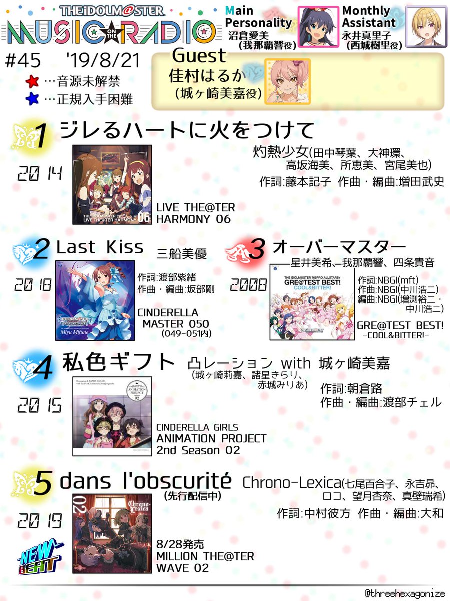 3i6oku Ar Twitter アイマスmor第45回楽曲まとめです ゲストのるる 10thライブ アニメを中心に懐かしい話を1曲1曲濃密に語ってくれました しかしlast Kissとオバマスは人気ですね アイマスmor Imas Mor