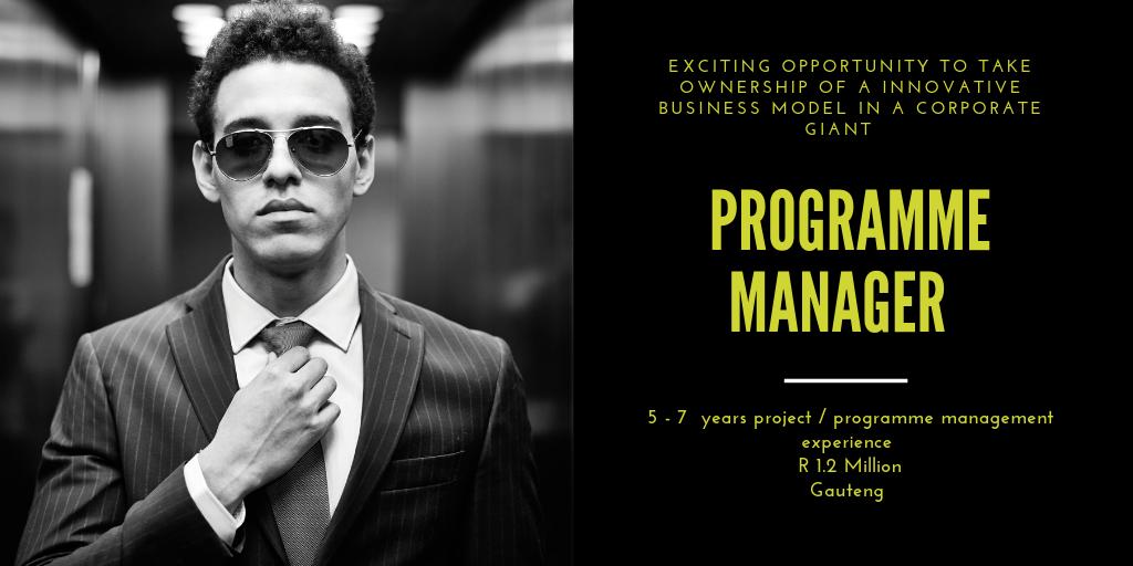 You will be exposed to quick turnaround times, new technologies and a novel financial structure launching soon. #programmemanager #JobSeekersSA 
<a href="/NRecruitment/">Network Recruitment</a> <a href="/Storm_C_R/">Storm Robertson | Co-Founder @Sataya.io</a> <a href="/Cherine070/">Cherine</a> <a href="/tumelo2013/">Tumi Ndlovu</a>