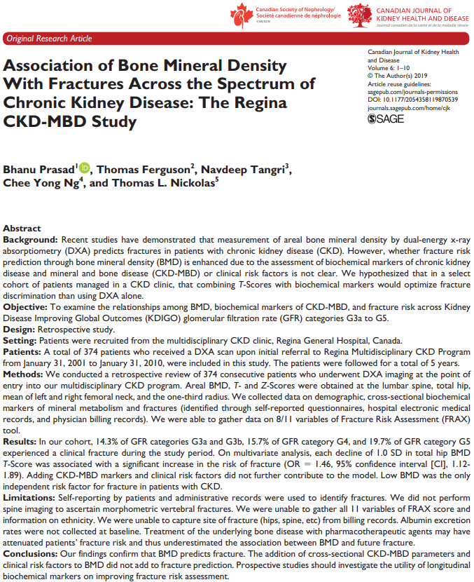 SevenOaksCDIC's tweet photo. A new study in @CanJKHD confirms that bone mass density predicts future fractures in people with #KidneyDisease; however, the use of biochemical markers & clinical risk factors did not aid in fracture risk prediction. #CJKHD
https://t.co/lw9iZrVvZN https://t.co/jazEenrNIE