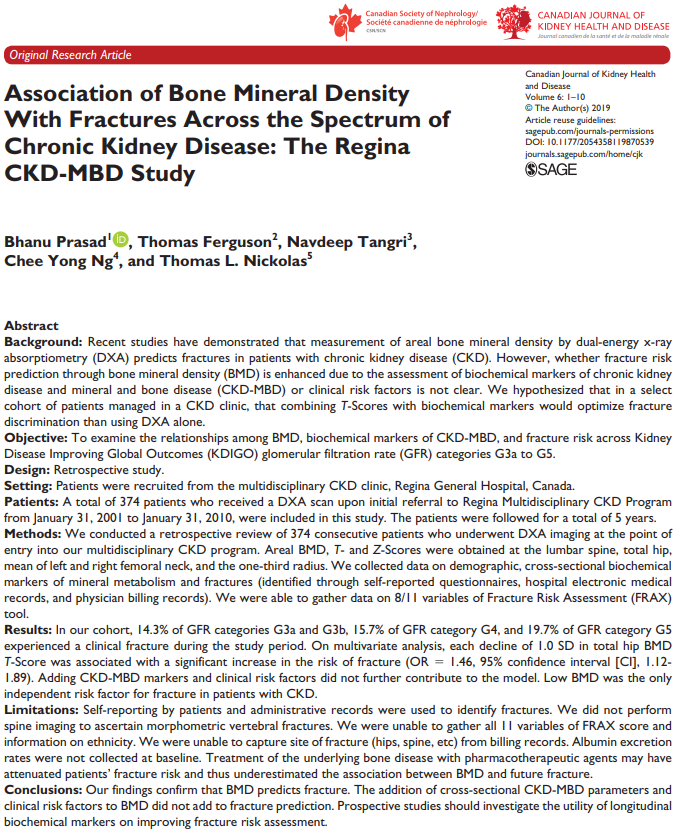 A new study in @CanJKHD confirms that bone mass density predicts future fractures in people with #KidneyDisease; however, the use of biochemical markers & clinical risk factors did not aid in fracture risk prediction. #CJKHD

bit.ly/2Mw44sI