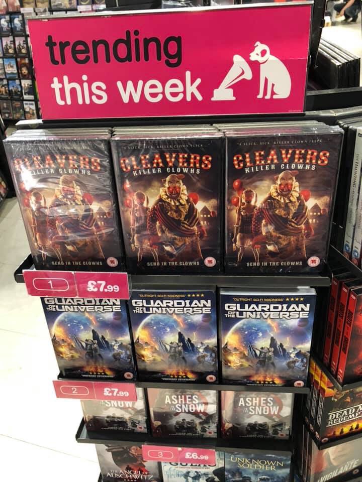 We’ve had a fun couple of days! The @101_Films release of @CleaverMovie spotted in @hmvtweets #horror #HorrorCommunity #horrormovies #hmv #SupportIndieFilm #indiehorror #killerclowns