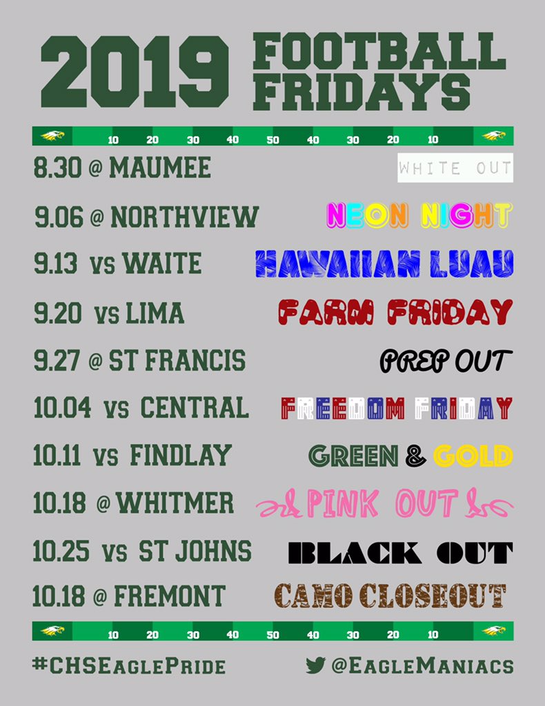 EagleManiacs's tweet photo. It’s that time EagleManiacs! See you next Friday! #CHSEaglePride 💚🦅🏈💛 https://t.co/3IHGb11WSS