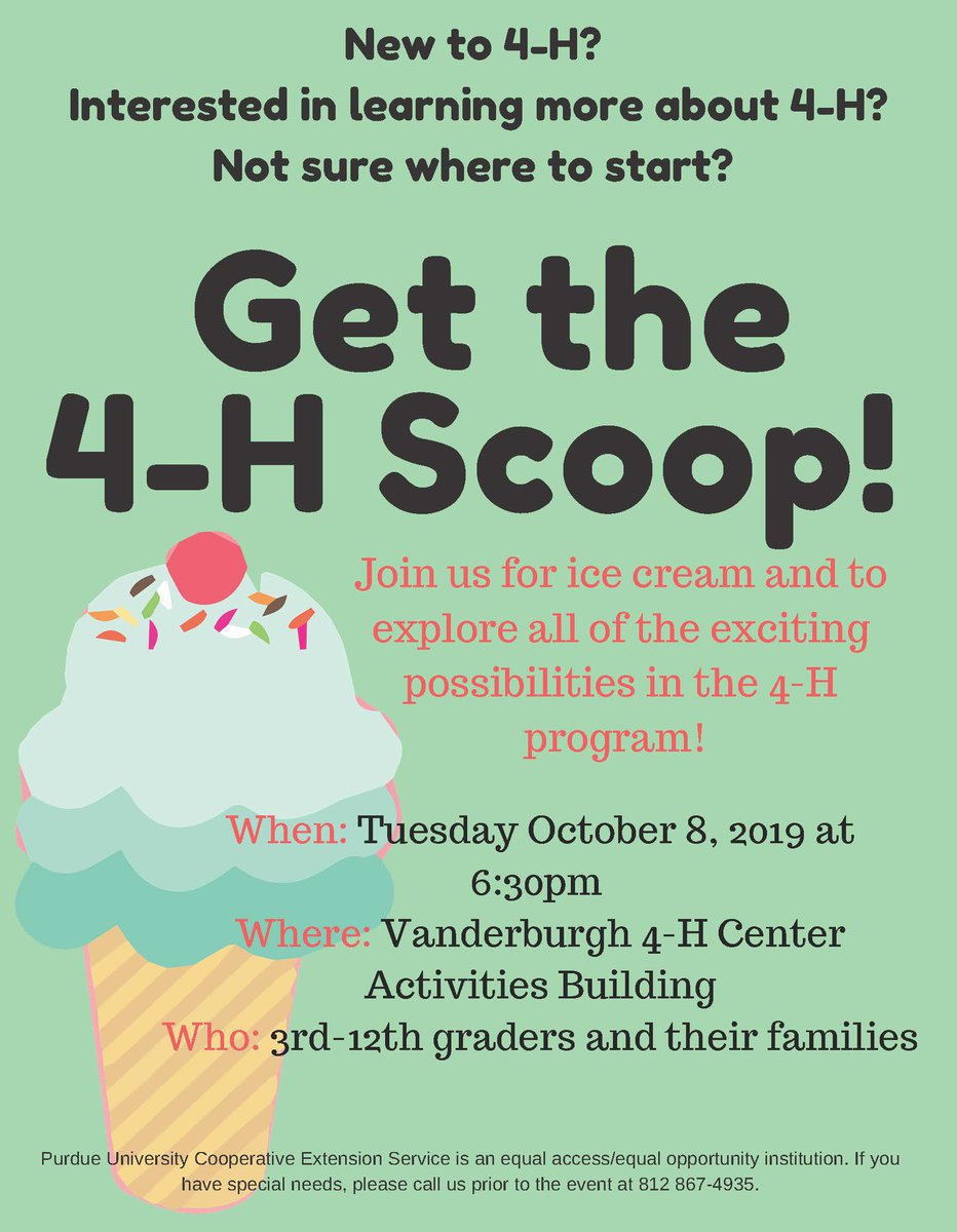 4HVanderburgh's tweet image. Interested in 4-H, but not sure where to start? Join us to &quot;Get the 4-H Scoop!&quot;