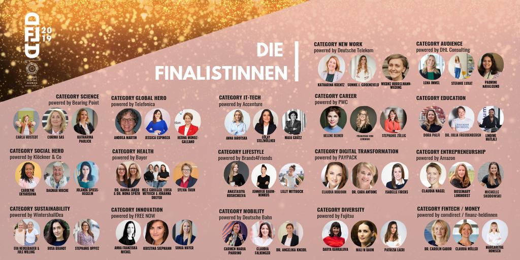 Die Jury hat entschieden &amp; die Finalistinnen des #AudienceAward stehen nun auch fest. Hier findet ihr alle Finalistinnen für den #dfla19. Voila! 🥳 #turnthedigitalon <a href="/Fujitsu_DE/">Fujitsu CE</a> <a href="/DHLConsulting/">DHL Consulting</a> <a href="/AmazonNewsDE/">Amazon News DE</a> <a href="/comdirect/">comdirect</a> <a href="/finanzheldinnen/">finanz-heldinnen</a> <a href="/myself_Germany/">myself Germany</a> @DimensionDataDe <a href="/pr_magazin/">prmagazin.de</a>