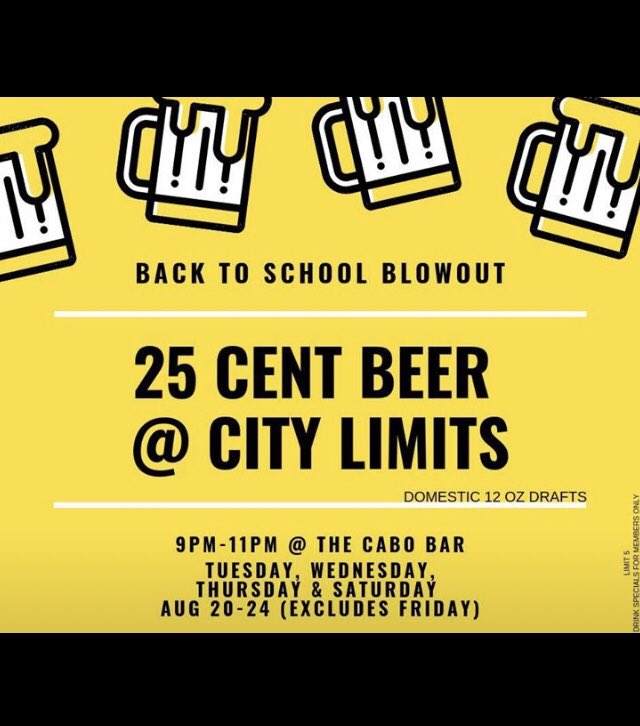 CityLimitsTexas's tweet photo. It’s happening again tonight!! 25 CENT BEER STEPHENVILLE••21 and up FREE all night••minors FREE all night••Cabo open ALL DAY••City Limits open at 8pm••#itsthemove #makecitygreatagain #getshittyatcity 🍺🍺🍺🍺🍺🍺🍺🍺🍺🍺🍺🍺🍺🍺🍺🍺😌 https://t.co/tzBjIovRsx