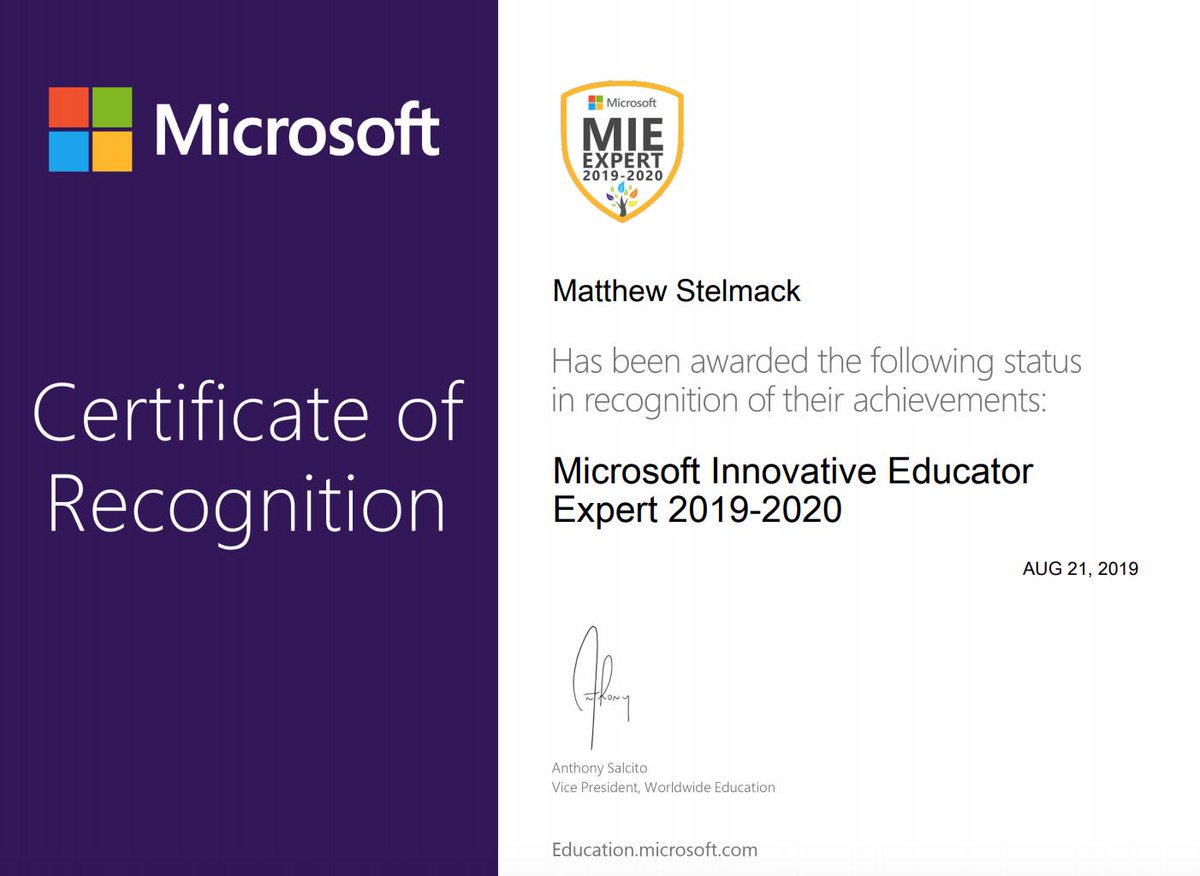 stelmack_matt's tweet photo. I'm incredibly excited to join as a member of the #MicrosoftEDU Innovative Education Expert Community! Can't wait to continue using these game-changing classroom tools this year! #MIEExpert #MicrosoftEduCA https://t.co/m7Om16oQPB