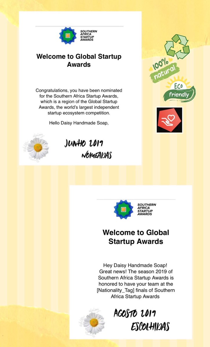 Estamos no concurso Global de Startups na categoria de Impacto Social!🌼We are on the run at the <a href="/Startup_Awards/">Global Startup Awards</a> through the @GSASAfrica on the Social Impact cat! Soon we’ll share a link to vote!
#SocialImpact #Startup #EmpoweringWomen #CircularEconony #NaturalSoaps #SASAwards