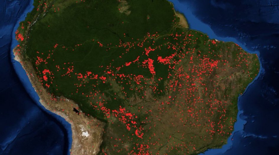 John Gibbons 🇵🇸 (@think_or_swim) on Twitter photo So many #Climate emergencies worldwide, it's hard to keep up. But #AmazonRainforest burning is stand-out global disaster. 
Every red dot below represents a significant fire So many #Climate emergencies worldwide, it's hard to keep up. But #AmazonRainforest burning is stand-out global disaster. 
Every red dot below represents a significant fire