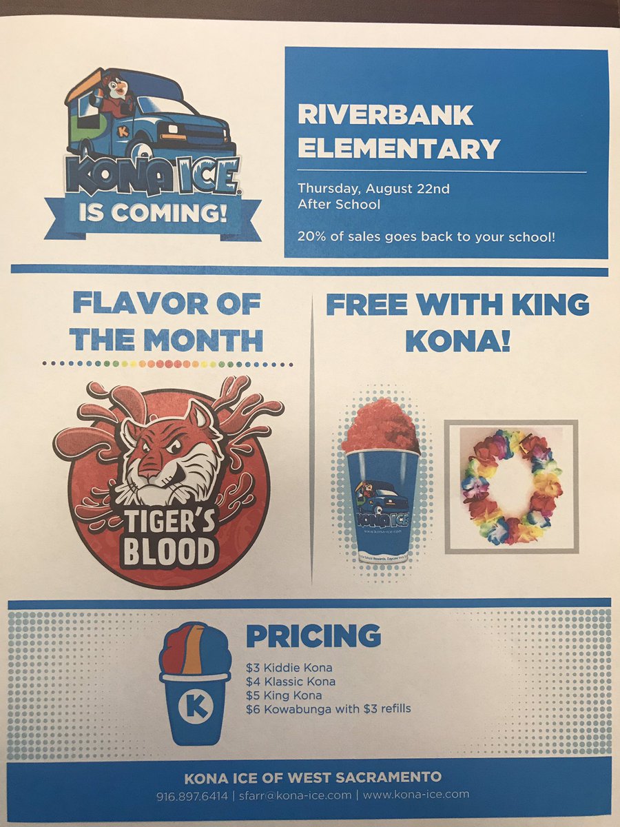 Kona Ice is coming to Riverbank School after school on Thursday, August 22nd! 20% of sales go back to the school. #great2bwusd #OtterPride