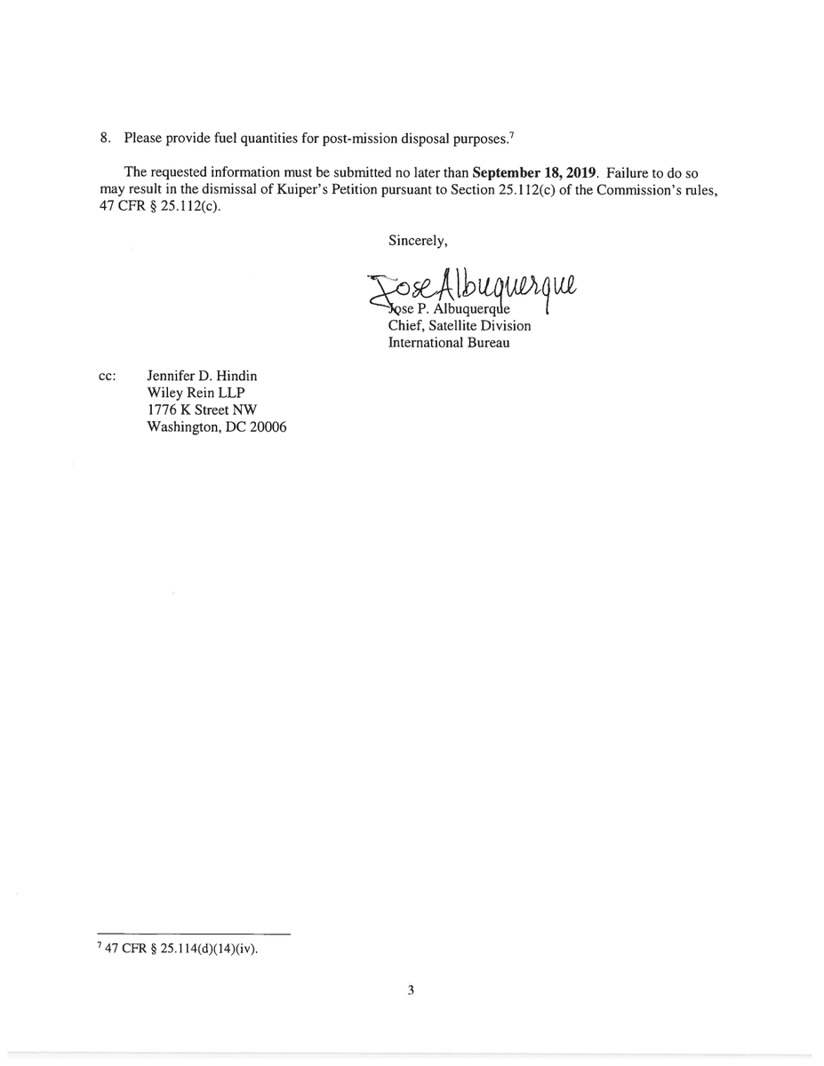 Megaconstellati's tweet photo. In a letter from 19 Aug the @FCC requests additional information from @amazon's subsidiary #KuiperSystems regarding #debrismitigation for #ProjectKuiper, the risk its satellites pose to the @Space_Station and an estimate of the number of satellites during the initial license term https://t.co/83teZN3ix2