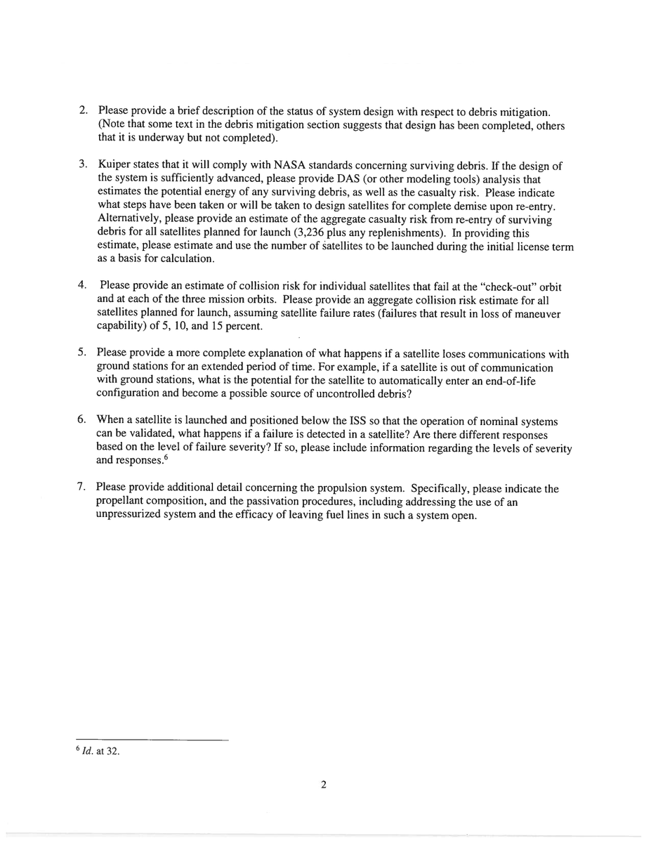Megaconstellati's tweet photo. In a letter from 19 Aug the @FCC requests additional information from @amazon's subsidiary #KuiperSystems regarding #debrismitigation for #ProjectKuiper, the risk its satellites pose to the @Space_Station and an estimate of the number of satellites during the initial license term https://t.co/83teZN3ix2