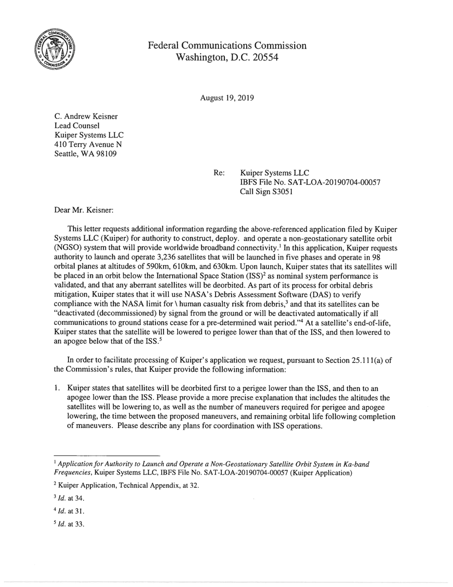 Megaconstellati's tweet photo. In a letter from 19 Aug the @FCC requests additional information from @amazon's subsidiary #KuiperSystems regarding #debrismitigation for #ProjectKuiper, the risk its satellites pose to the @Space_Station and an estimate of the number of satellites during the initial license term https://t.co/83teZN3ix2