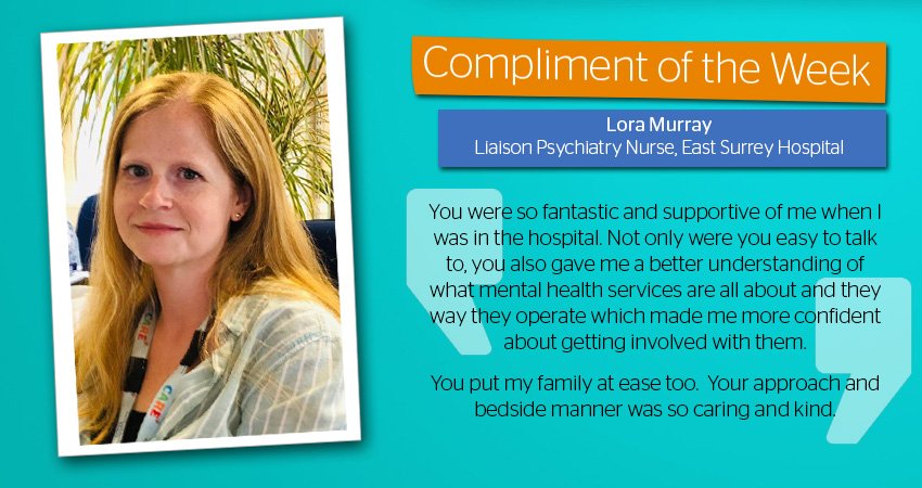 sabpNHS's tweet photo. Our latest #complimentoftheweek goes to Lora Murray, Liaison Psychiatry Nurse, East Surrey Hospital - well done, Lora! Thanks for all your hard work! #wearetheNHS https://t.co/eYDtLzKbms