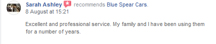 Another fantastic recommendation from one of our loyal clients Sarah, who has been using our services for many years ✅🚕

If you require any form of transport services, contact us today for a quote:

📞 - 01525 839333
✉ - bookings@bluespearcars.co.uk
📍 - #Herts, #Beds &amp; #Bucks