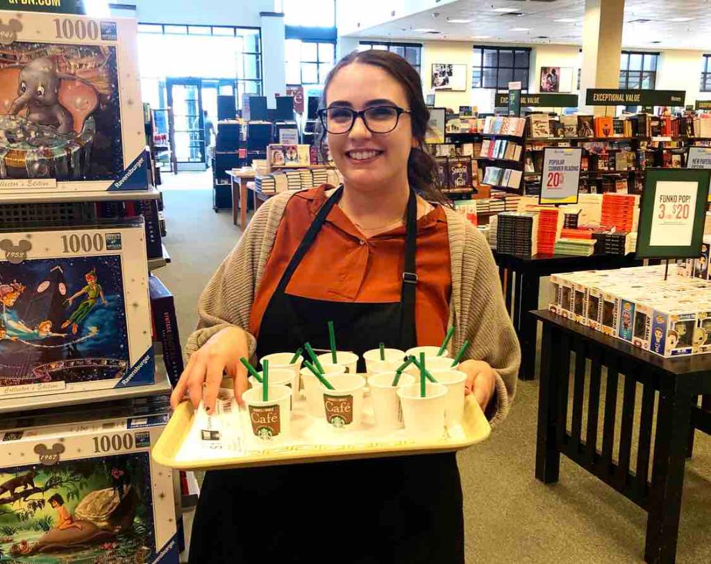 BNDeerPark's tweet photo. Madeline loves to #rockthesample! If you’re unsure of your next drink or snack from the cafe, lookout for one of our friendly booksellers handing out samples! They may even give you a free coupon too. 😉 #bnmidwest #bncafe #samples #coffee #coffeebreak https://t.co/8856o0Ng20
