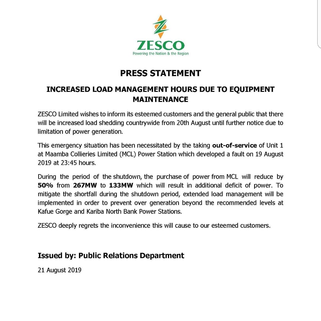 Mwebantu's tweet photo. ZESCO TO INCREASE LOAD SHEDDING HOURS

STATE Power utility, #ZESCO Limited, has announced that it will implement load shedding outside the official schedule following a breakdown at Maamba Collieries Limited (MCL) Power Station. #Zambia https://t.co/Od2Oy1Spqr