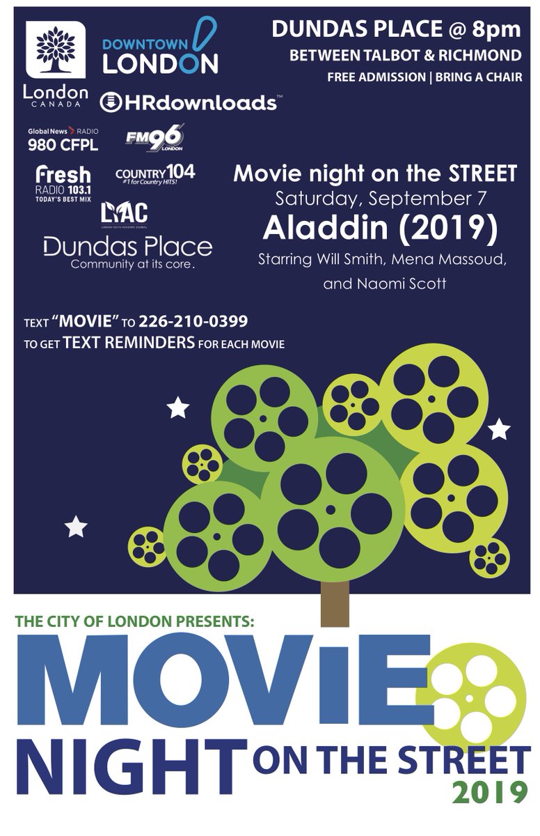 mninthepark's tweet photo. On Saturday, September 7th we’ll be shutting down Dundas Place to bring you Aladdin (2019). Movie starts at 8pm between Talbot St. &amp; Richmond. As always, bring a lawnchair and be sure to arrive early for food and fun! Don’t forget the location change! https://t.co/wPzUHKzsYX