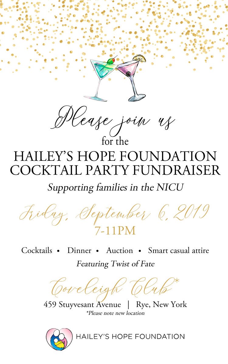 HaileysHopeFdn's tweet photo. Less than 3 weeks till our Cocktail Party fundraiser in Rye, NY to raise $ for #NICU families in need.  Get tickets now! https://t.co/W3eGASUX1u
#fundraising #preemie #love #family https://t.co/ZM6Dnocl3a