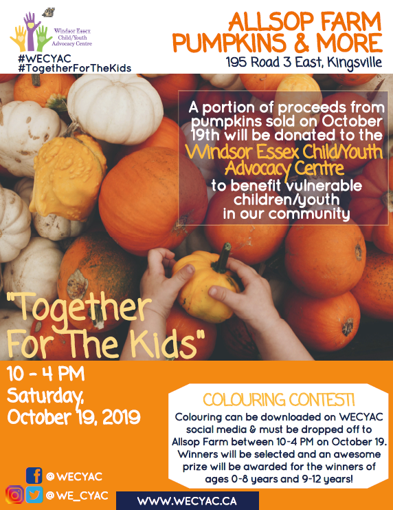 WE_CYAC's tweet image. A portion of proceeds for pumpkins purchased at Allsop Farm Pumpkins &amp;amp; More on Saturday, October 19th will be donated to the Windsor Essex Child/Youth Advocacy Centre to support vulnerable children/youth in our community. 

#childadvocacy #WECYAC #CYAC #YQG