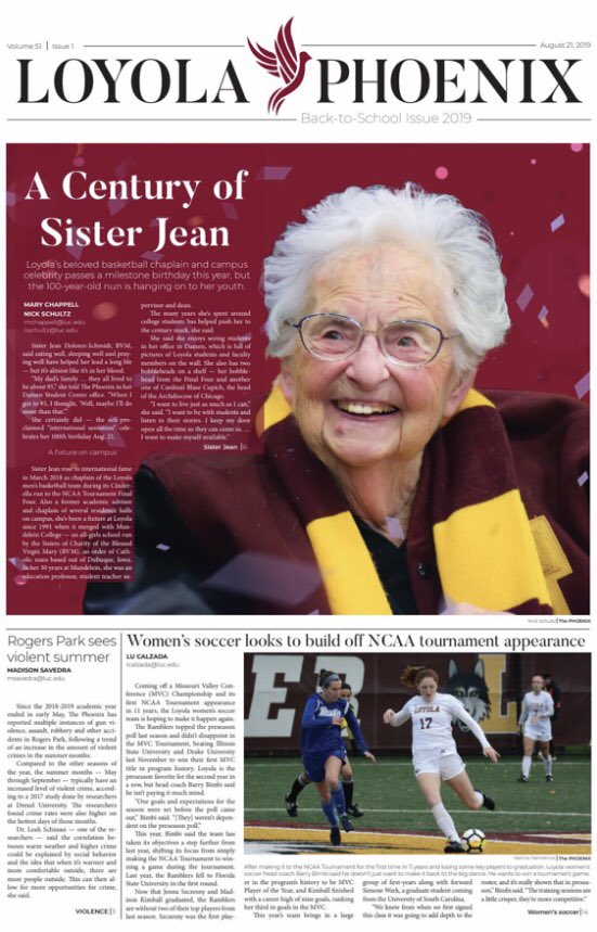 PhoenixLoyola's tweet photo. Cheers to 100 years of Sister Jean! Pick up the back-to-school issue of The Phoenix at newsstands around campus. https://t.co/22mvG4Hrfr
