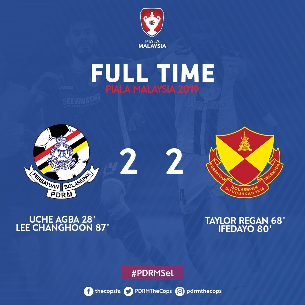 PDRMTheCops's tweet photo. TAMAT PERLAWANAN

Tamat perlawanan di Stadium Hang Jebat, perlawanan berkesudahan seri 2-2. Gol PDRM dijaringkan oleh Uche Agba &amp; Lee Changhoon.

#PialaMalaysia2019 #PDRMSel https://t.co/RazBzc2nds
