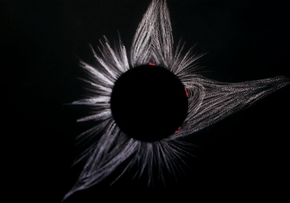 Spicey_Spiney's tweet photo. Here are 2 #astronomysketches of the #totalsolareclipse2017 2 yrs ago today. The sketches were done from our own photos after the event, on black paper with pastels. https://t.co/Z8JYFULsjP