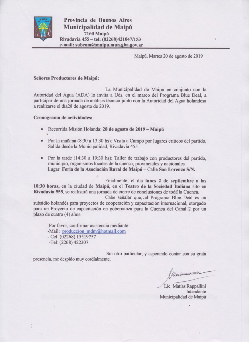 municipiomaipu's tweet photo. #PRODUCCION 
Señores Productores de Maipú:
La Municipalidad de Maipú, en conjunto con la Autoridad del Agua (ADA) lo invita a Uds. en el marco del Prog. Blue Deal, a participar de una jornada de análisis técnico junto con la Autoridad del Agua holandesa a realizarse el día 28/08 https://t.co/AbsoLhrTJH