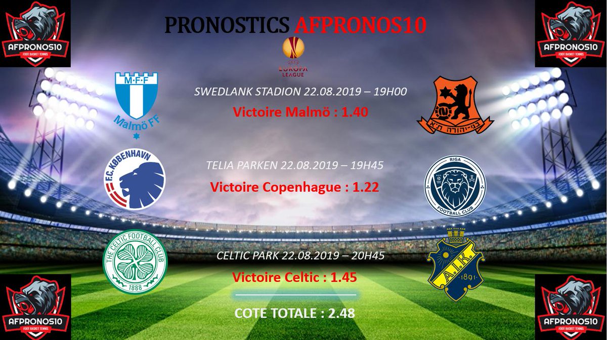 AFPronos10's tweet image. Bonsoir la Team #Parieur !

Pronostics Ligue Europa 😉

Victoires :
-&amp;gt; Malmo ⚽️
-&amp;gt; Copenhague ⚽️
-&amp;gt; Celtic ⚽️

Cote totale 2.48 🔥

Début des matchs jeudi 22/08 à 19h !

RT + Follow pour le soutien 😉

#UEL #Foot #ParisSportifs