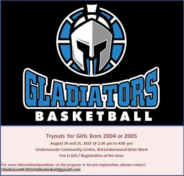 GladiatorsMb's tweet photo. REMINDER! Gladiators Basketball Club Hosting Tryouts for Girls Born 2004/2005 on Aug 24-25, 2019 at LWCC https://t.co/Cd1C0iFWvS #mbhoops https://t.co/xMABTJtyuW